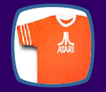 Atari logo in white on orange with a white collar and stripes on each sleeve.