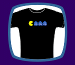 Black babydoll t-shirt with Pac-Man is about to gobble up three ghosts.